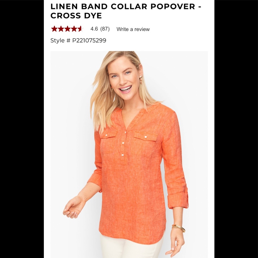 Talbots Linen Band Collar Cross-Dyed Orange Popover XL 2022